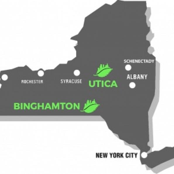 Map of New York State, showing Rust 2 Green projects in Binghamton and Utica, as well as other Rust Belt cities